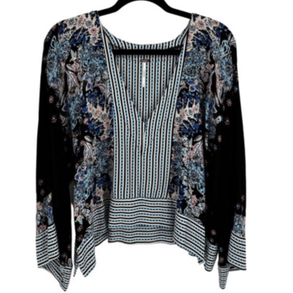 Free People Black and Blue Floral Blouse